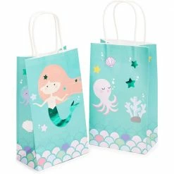 Blue Panda Mermaid Party Favor Gift Bags With Handles, Kids Birthday Decorations (24 Pack) Party Bags And Boxes
