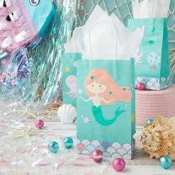 Blue Panda Mermaid Party Favor Gift Bags With Handles, Kids Birthday Decorations (24 Pack) Party Bags And Boxes