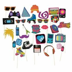 Blue Panda 80s Pre-Assembled Photo-Booth Props - 30-Pack Pre-Made 80s Party Supplies, 1980s Theme Birthday Party Decoration Accessories On Bamboo Sticks For Girls, Women, Assorted Designs Special Occasions