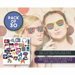 Blue Panda 80s Pre-Assembled Photo-Booth Props - 30-Pack Pre-Made 80s Party Supplies, 1980s Theme Birthday Party Decoration Accessories On Bamboo Sticks For Girls, Women, Assorted Designs Special Occasions