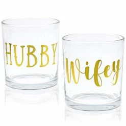 Blue Panda 2-Pack Hubby And Wifey Glass Whiskey Glasses, Bride And Groom Wedding Gifts, Gold Foil, 7.5 Ounces Special Occasions
