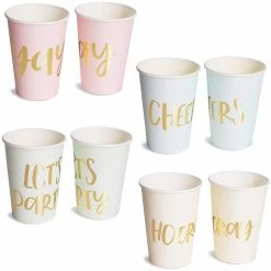 Blue Panda 52-Pack Disposable Paper Party Cups - Gold Foil Party Supplies For Bachelorette Party And Birthday - 4 Designs, Let's Party, Hooray, Yay, And Cheers, 12 Ounces