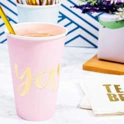 Blue Panda 52-Pack Disposable Paper Party Cups - Gold Foil Party Supplies For Bachelorette Party And Birthday - 4 Designs, Let's Party, Hooray, Yay, And Cheers, 12 Ounces