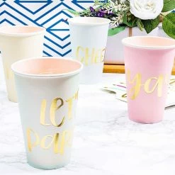 Blue Panda 52-Pack Disposable Paper Party Cups - Gold Foil Party Supplies For Bachelorette Party And Birthday - 4 Designs, Let's Party, Hooray, Yay, And Cheers, 12 Ounces
