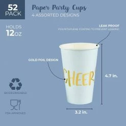 Blue Panda 52-Pack Disposable Paper Party Cups - Gold Foil Party Supplies For Bachelorette Party And Birthday - 4 Designs, Let's Party, Hooray, Yay, And Cheers, 12 Ounces