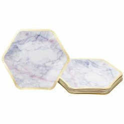 Blue Panda Sparkle And Bash Marble Paper Party Plates (24 Count), Gold Foil Border, 9 X 8 Inches