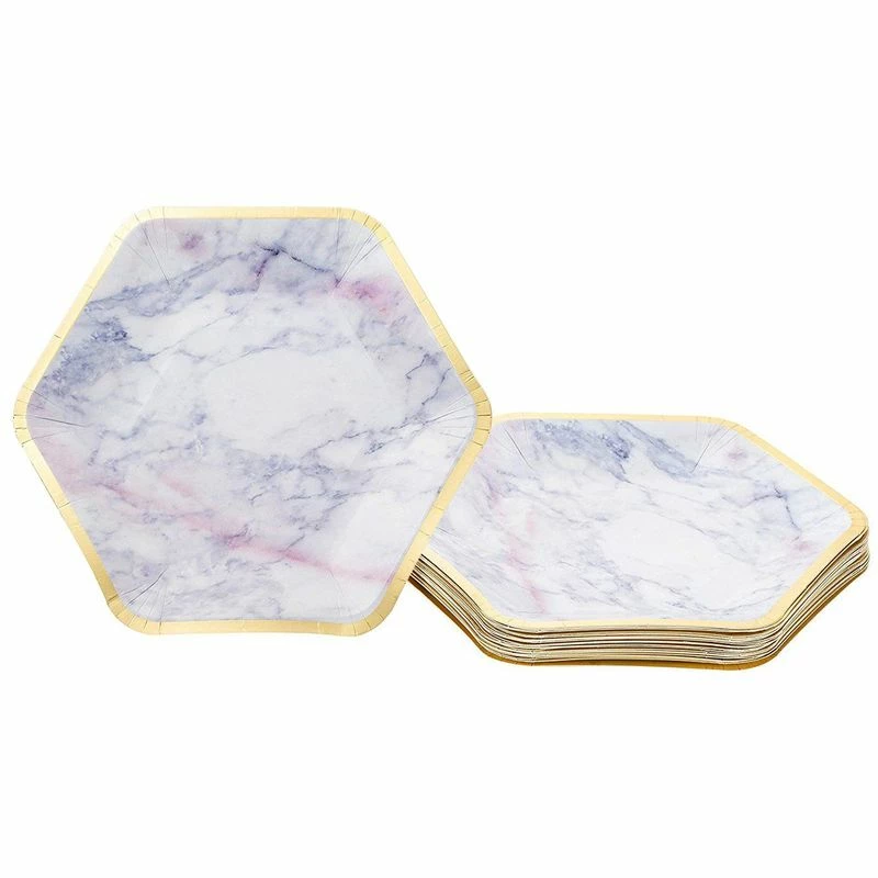 Blue Panda Sparkle And Bash Marble Paper Party Plates (24 Count), Gold Foil Border, 9 X 8 Inches 3 Blue Panda Sparkle And Bash Marble Paper Party Plates (24 Count), Gold Foil Border, 9 X 8 Inches
