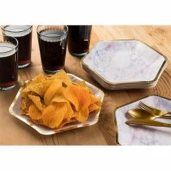 Blue Panda Sparkle And Bash Marble Paper Party Plates (24 Count), Gold Foil Border, 9 X 8 Inches