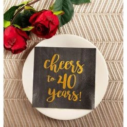 Blue Panda Birthday Party Cocktail Napkins - 50 Pack Gold Foil Cheers To 40 Years Disposable Paper Napkins, Perfect For 40th Birthday Party Supplies, Anniversary Decorations, 5 X 5 Inches Folded, Black