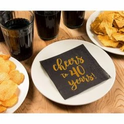 Blue Panda Birthday Party Cocktail Napkins - 50 Pack Gold Foil Cheers To 40 Years Disposable Paper Napkins, Perfect For 40th Birthday Party Supplies, Anniversary Decorations, 5 X 5 Inches Folded, Black