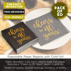 Blue Panda Birthday Party Cocktail Napkins - 50 Pack Gold Foil Cheers To 40 Years Disposable Paper Napkins, Perfect For 40th Birthday Party Supplies, Anniversary Decorations, 5 X 5 Inches Folded, Black