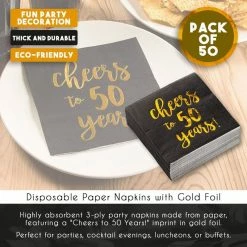 Blue Panda Cocktail Napkins - 50-Pack Luncheon Napkins, Disposable Paper Napkins Party Supplies For Birthday, Anniversary, 3-Ply, Cheers To 50 Years Design, Unfolded 10 X 10 Inches, Folded 5 X 5 Inches