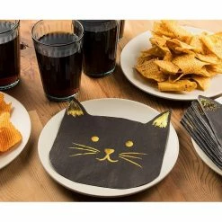 Blue Panda Die-Cut Black Cat Paper Napkins With Gold Foil Accents (6.5 X 6.2 In, 50 Pack) Special Occasions