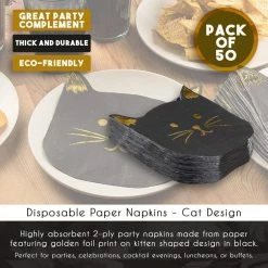 Blue Panda Die-Cut Black Cat Paper Napkins With Gold Foil Accents (6.5 X 6.2 In, 50 Pack) Special Occasions