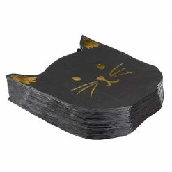 Blue Panda Die-Cut Black Cat Paper Napkins With Gold Foil Accents (6.5 X 6.2 In, 50 Pack) Special Occasions