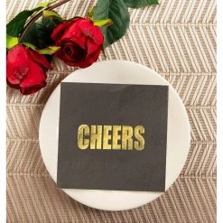 Blue Panda Cheers Party Supplies, Black Paper Napkins (5 X 5 In, Gold Foil, 100 Pack)