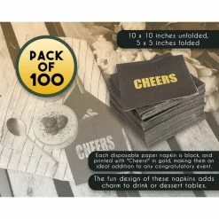 Blue Panda Cheers Party Supplies, Black Paper Napkins (5 X 5 In, Gold Foil, 100 Pack)