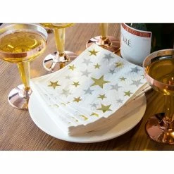 Blue Panda 100-Pack Disposable Paper Napkins With Silver And Gold Foil Stars Designs For Holiday And New Year’s Eve Parties, 3-Ply, White, 5 X 5 Inches