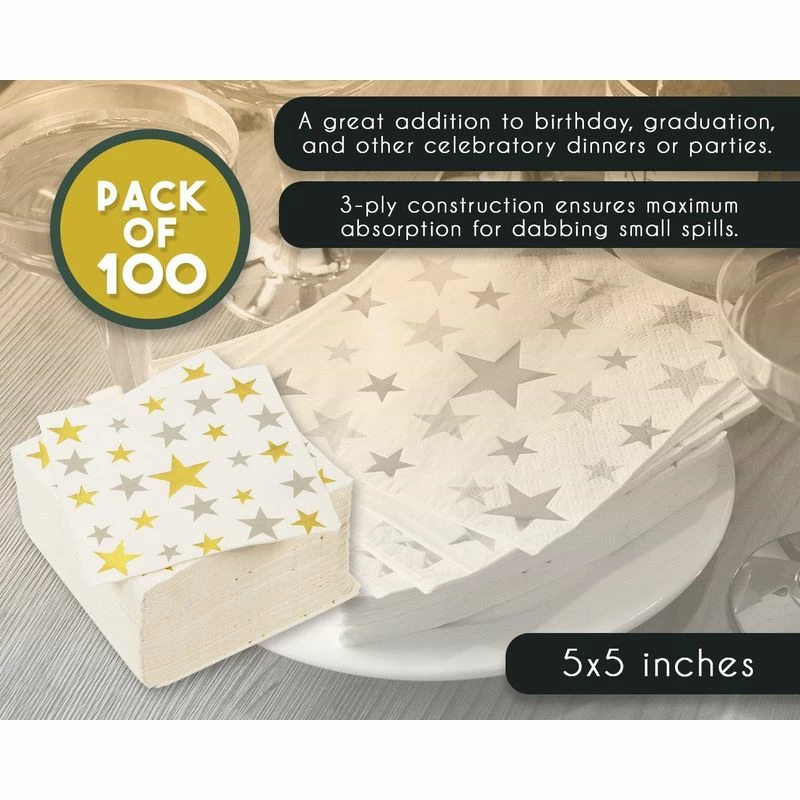 Blue Panda 100-Pack Disposable Paper Napkins With Silver And Gold Foil Stars Designs For Holiday And New Year’s Eve Parties, 3-Ply, White, 5 X 5 Inches 7 Blue Panda 100-Pack Disposable Paper Napkins With Silver And Gold Foil Stars Designs For Holiday And New Year’s Eve Parties, 3-Ply, White, 5 X 5 Inches