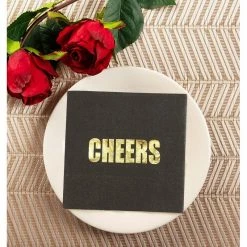 Blue Panda Cheers Party Supplies, Black Paper Napkins (5 X 5 In, Gold Foil, 50 Pack)