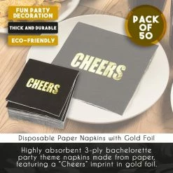 Blue Panda Cheers Party Supplies, Black Paper Napkins (5 X 5 In, Gold Foil, 50 Pack)