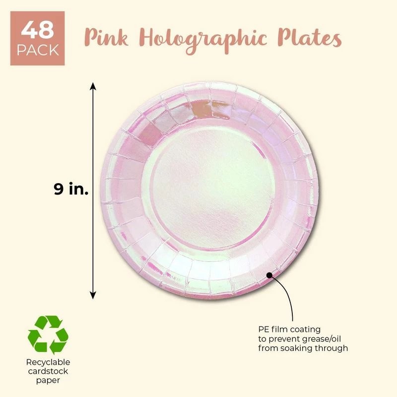 Blue Panda Pink Holographic Party Plates For Lunch, Dessert And Dinner (9 Inch, 48 Pack) 4 Blue Panda Pink Holographic Party Plates For Lunch, Dessert And Dinner (9 Inch, 48 Pack)