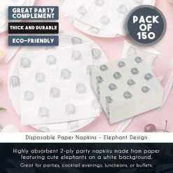 Blue Panda Elephant Paper Napkins For Baby Shower Party (6.5 X 6.5 Inches, 150 Pack)