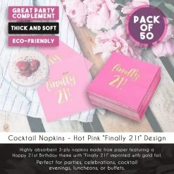 Blue Panda Finally 21 Party Decorations, Birthday Napkins (5 X 5 In, Hot Pink, 50 Pack)