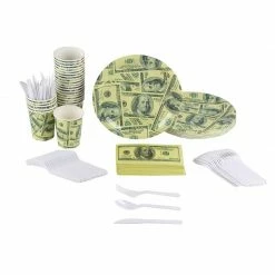 Blue Panda Money Party Supplies, Dinner Plates, Cutlery Set, Paper Cups, And Luncheon Napkins (Serves 24, 144 Pieces)
