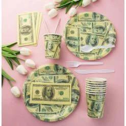 Blue Panda Money Party Supplies, Dinner Plates, Cutlery Set, Paper Cups, And Luncheon Napkins (Serves 24, 144 Pieces)