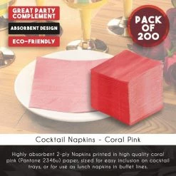 Blue Panda Cocktail Napkins - 200-Pack Disposable Paper Napkins, 2-Ply, Coral Pink, 5 X 5 Inches Folded 12 Blue Panda Cocktail Napkins - 200-Pack Disposable Paper Napkins, 2-Ply, Coral Pink, 5 X 5 Inches Folded