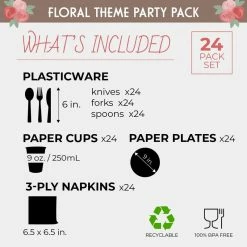 Blue Panda Floral Party Supplies With Paper Plates, Napkins, Cups And Plastic Cutlery (144 Pieces) Special Occasions