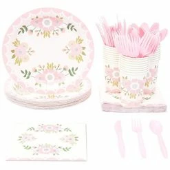 Blue Panda Pink Floral Party Supplies, Paper Plates, Napkins, Cups And Plastic Cutlery (Serves 24, 144 Pieces) Dinnerware Sets