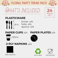 Blue Panda Pink Floral Party Supplies, Paper Plates, Napkins, Cups And Plastic Cutlery (Serves 24, 144 Pieces) Dinnerware Sets
