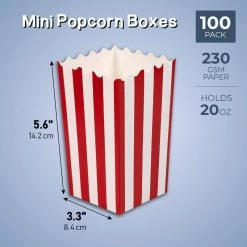 Blue Panda Set Of 100 Mini Popcorn Favor Boxes - 3x5 Snack Containers For Carnival Party Supplies, Movie Night, Birthdays, Red And White, 20 Ounce, 3.3 X 5.6 Inches
