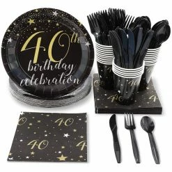 Blue Panda Dinnerware Sets 40th Birthday Party Bundle, Includes Plates, Napkins, Cups, And Cutlery (24 Guests,144 Pieces)