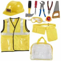 Blue Panda Kids Role Play Costume Set - 10-Piece Construction Worker Costume For Kids, Builder Dress Up Kit With Hard Hat, Tool Belt, Vest, And Other Accessories For Pretend Play, Halloween Dress Up, School Play