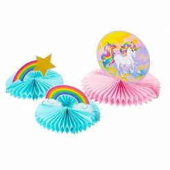 Blue Panda 3-Piece Rainbow Unicorn Honeycomb Centerpiece Decoration For Kids Birthday Party Supplies, Pink And Blue