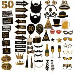 Blue Panda 50th Birthday Photo Booth Props - 60-Pack Birthday Party Supplies, Selfie Props, Party Favors For Cocktail Parties, Black And Gold Decorations