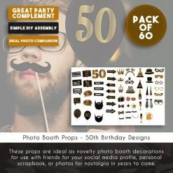Blue Panda 50th Birthday Photo Booth Props - 60-Pack Birthday Party Supplies, Selfie Props, Party Favors For Cocktail Parties, Black And Gold Decorations
