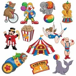Blue Panda Carnival Cutouts Party Supplies - 12-Piece Circus Theme Birthday Party Favors Animals, Clown Performers, Colorful Print Design Decoration On 350 GSM Paper