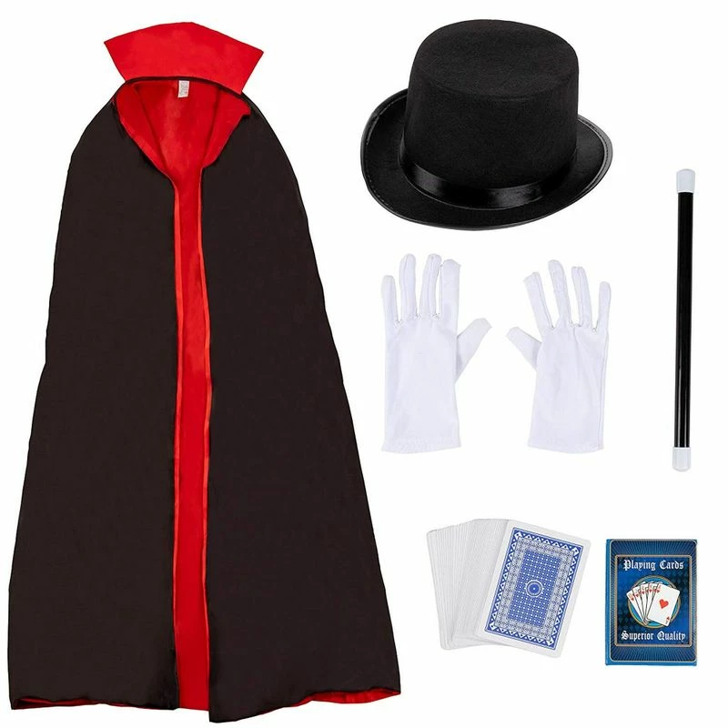 Blue Panda Magician Costume For Halloween, Includes Hat, Gloves, Wand, Cape, And Playing Cards (Adult Size, 5 Pieces) 3 Blue Panda Magician Costume For Halloween, Includes Hat, Gloves, Wand, Cape, And Playing Cards (Adult Size, 5 Pieces)