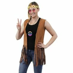 Blue Panda 60s 70s Hippie Costume Accessories - 5-Set Vest Headband Glasses Pouch Necklace, Women Size S Brown Halloween