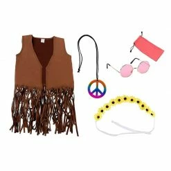 Blue Panda 60s 70s Hippie Costume Accessories - 5-Set Vest Headband Glasses Pouch Necklace, Women Size S Brown Halloween