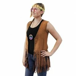 Blue Panda 60s 70s Hippie Costume Accessories - 5-Set Vest Headband Glasses Pouch Necklace, Women Size S Brown Halloween