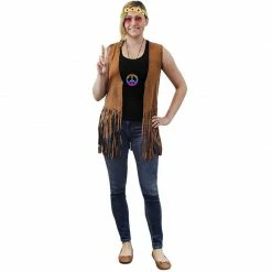 Blue Panda 60s 70s Hippie Costume Accessories - 5-Set Vest Headband Glasses Pouch Necklace, Women Size S Brown Halloween