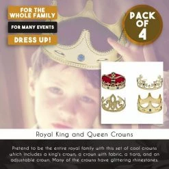 Blue Panda Gold Crown - 4-Pack Royal King And Queen Jeweled Costume Accessories, Party Hat