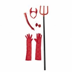 Blue Panda Halloween Red Devil Costume Accessory - 5-Set Lace Gloves, Tail, Bow Tie, Headband, Pitchfork