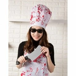 Blue Panda Halloween Bloody Butcher Costume - 3-Set Killer Dress Up, Apron Chef Hat Fake Cleaver, Unisex White