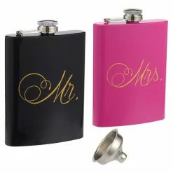 Blue Panda Liquor Flasks - 2-Piece, 8 Oz Mr And Mrs Pocket Drinking Flasks, Stainless Steel Flask Set With Funnel, Wedding Gifts For Bride And Groom, Black And Pink